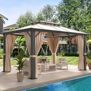 jolydale 10x13 hardtop gazebo, aluminum frame with double mesh screen, brown curtain and net,uv protection, suitable for patios, decks, gardens