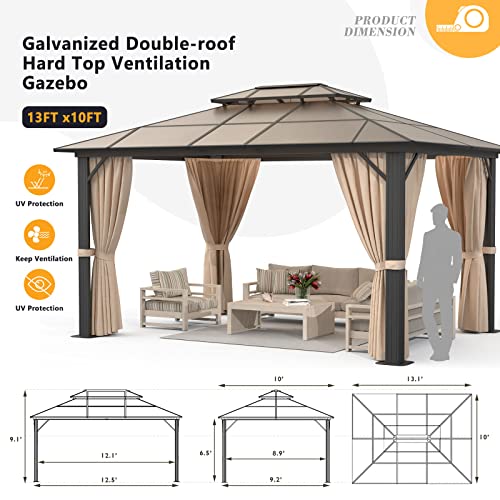 Jolydale 10X13 Hardtop Gazebo, Aluminum Frame with Double Mesh Screen, Brown Curtain and Net,UV Protection, Suitable for Patios, Decks, Gardens