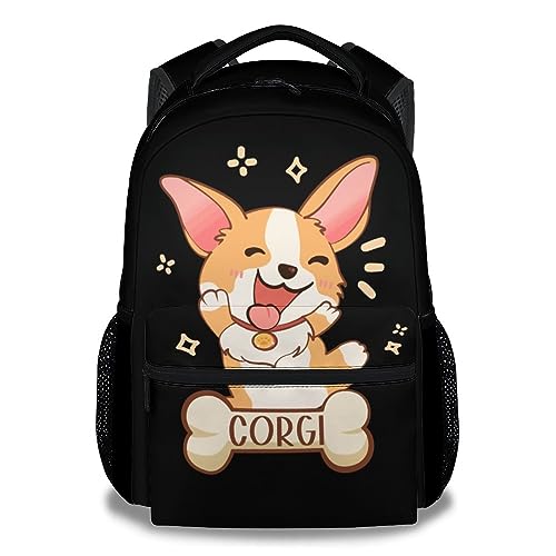 WARMRUG Corgi Girls Backpack for School, 16 inch Black Backpacks for Kids, Cute Lightweight Bookbag for Middle School