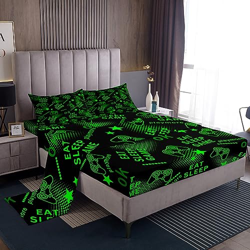 Teen Gaming Bed Sheets Gamepad Game Geometric Pattern Sheet Set for Kids Boys Girls Green Decor Bed Set Eat Sleep Play Gaming Sheets Room 4Pcs Full Size