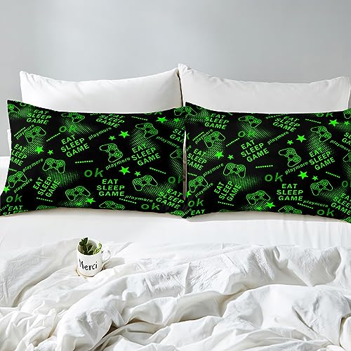 Teen Gaming Bed Sheets Gamepad Game Geometric Pattern Sheet Set for Kids Boys Girls Green Decor Bed Set Eat Sleep Play Gaming Sheets Room 4Pcs Full Size