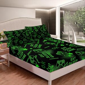 Teen Gaming Bed Sheets Gamepad Game Geometric Pattern Sheet Set for Kids Boys Girls Green Decor Bed Set Eat Sleep Play Gaming Sheets Room 4Pcs Full Size