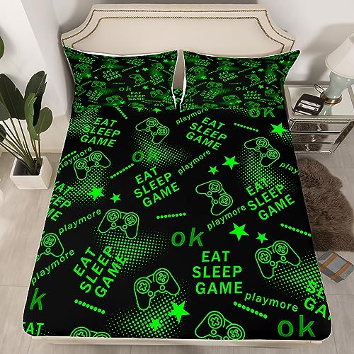 Teen Gaming Bed Sheets Gamepad Game Geometric Pattern Sheet Set for Kids Boys Girls Green Decor Bed Set Eat Sleep Play Gaming Sheets Room 4Pcs Full Size