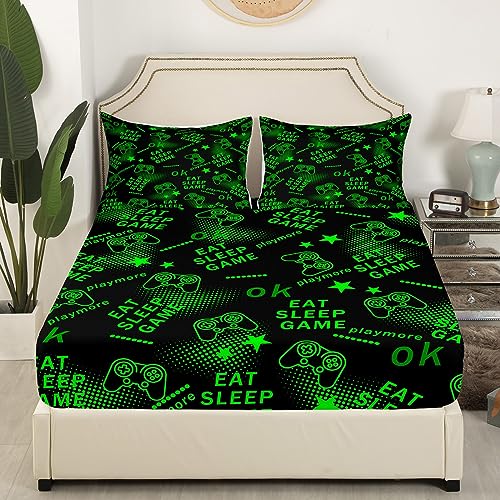 Teen Gaming Bed Sheets Gamepad Game Geometric Pattern Sheet Set for Kids Boys Girls Green Decor Bed Set Eat Sleep Play Gaming Sheets Room 4Pcs Full Size