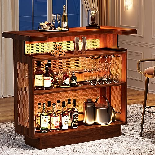 Tribesigns Rattan Home Bar Unit, Farmhouse 4-Tier Bar Table with 4 Stemware Racks and Heightened Base, Liquor Wine Bar Cabinet Mini Bar Table for Home Pub, Caramel Brown