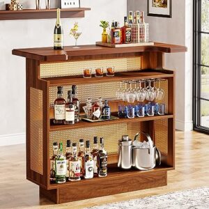 Tribesigns Rattan Home Bar Unit, Farmhouse 4-Tier Bar Table with 4 Stemware Racks and Heightened Base, Liquor Wine Bar Cabinet Mini Bar Table for Home Pub, Caramel Brown