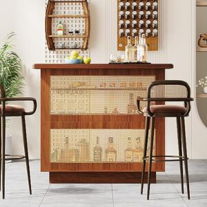 Tribesigns Rattan Home Bar Unit, Farmhouse 4-Tier Bar Table with 4 Stemware Racks and Heightened Base, Liquor Wine Bar Cabinet Mini Bar Table for Home Pub, Caramel Brown