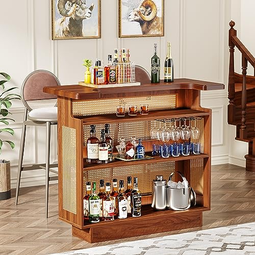 Tribesigns Rattan Home Bar Unit, Farmhouse 4-Tier Bar Table with 4 Stemware Racks and Heightened Base, Liquor Wine Bar Cabinet Mini Bar Table for Home Pub, Caramel Brown