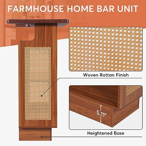 Tribesigns Rattan Home Bar Unit, Farmhouse 4-Tier Bar Table with 4 Stemware Racks and Heightened Base, Liquor Wine Bar Cabinet Mini Bar Table for Home Pub, Caramel Brown