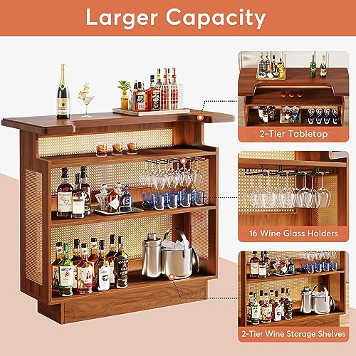 Tribesigns Rattan Home Bar Unit, Farmhouse 4-Tier Bar Table with 4 Stemware Racks and Heightened Base, Liquor Wine Bar Cabinet Mini Bar Table for Home Pub, Caramel Brown