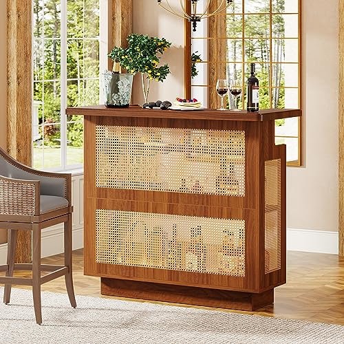 Tribesigns Rattan Home Bar Unit, Farmhouse 4-Tier Bar Table with 4 Stemware Racks and Heightened Base, Liquor Wine Bar Cabinet Mini Bar Table for Home Pub, Caramel Brown