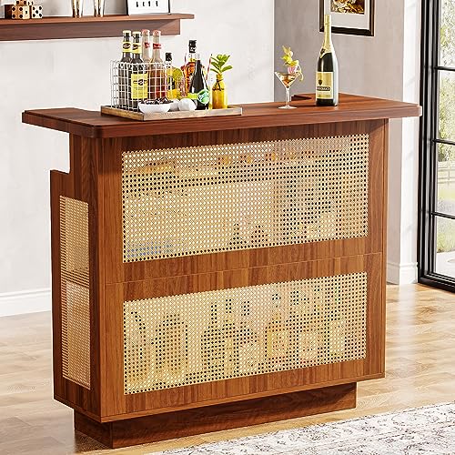 Tribesigns Rattan Home Bar Unit, Farmhouse 4-Tier Bar Table with 4 Stemware Racks and Heightened Base, Liquor Wine Bar Cabinet Mini Bar Table for Home Pub, Caramel Brown