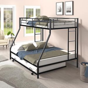 biadnbz twin over full bunk bed with trundle, metal triple bunkbeds frame with two ladders and guardrails, for kids/teens bedroom, black