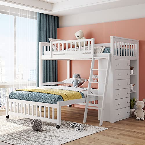 Merax Wooden Twin Over Full Bunk Bed with Six Drawers