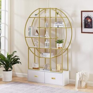 wadri modern 5-tiers open shelf with 2 drawers, 70.8 inch round office bookcase bookshelf, storage bookshelf with gold staggered storage frame for livingroom bedroom home office