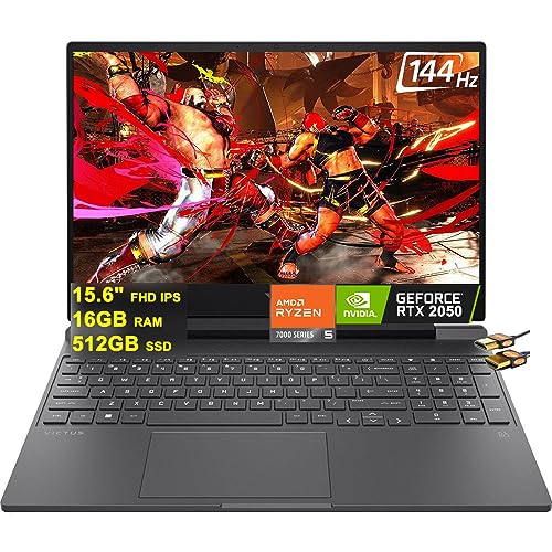 HP Victus 15 Gaming Laptop 15.6" FHD IPS 144Hz AMD 7000 Series Hexa-Core Ryzen 5 7535HS (Beats i7-11800H) 16GB RAM 512GB SSD GeForce RTX 2050 4GB Graphic Backlit USB-C B&O Win11 Black + HDMI Cable