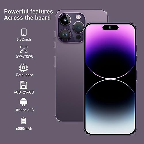 WV LeisureMaster A14pro Max Unlocked Phone, 6+256GB Android 13.0 Smartphone, 6.82-inch HD Screen, Dual SIM, Dual Standby, 6000 mAh Battery, 64MP Camera, 2796 * 1290 Resolution 5g Phone（Purple）