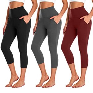 new young 3 pack capri leggings for women with pockets-high waisted tummy control black workout gym yoga pants