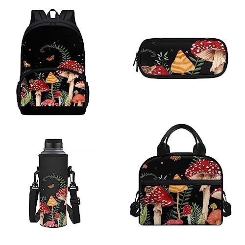 Coloranimal Girls Butterfly Snail Mushroom School Backpack for Kids Teens,4 In 1 Middle High Elementary School Bag Bookbag Set with Lunch Bag Pencil Case Water Bottle Holder for Student