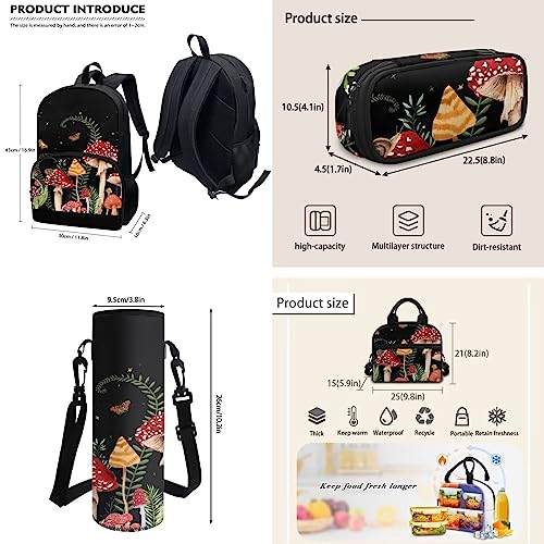 Coloranimal Girls Butterfly Snail Mushroom School Backpack for Kids Teens,4 In 1 Middle High Elementary School Bag Bookbag Set with Lunch Bag Pencil Case Water Bottle Holder for Student