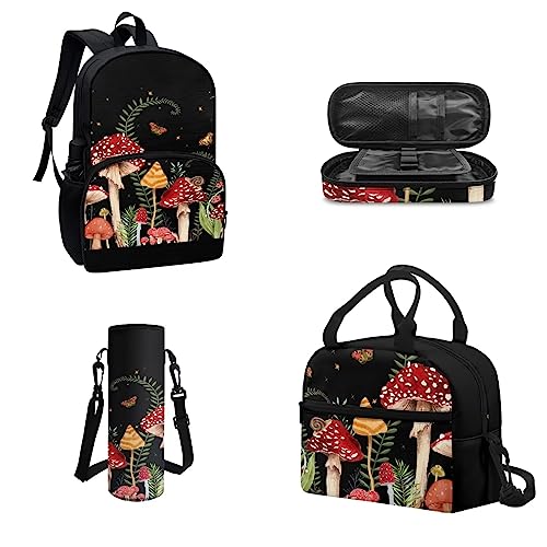 Coloranimal Girls Butterfly Snail Mushroom School Backpack for Kids Teens,4 In 1 Middle High Elementary School Bag Bookbag Set with Lunch Bag Pencil Case Water Bottle Holder for Student