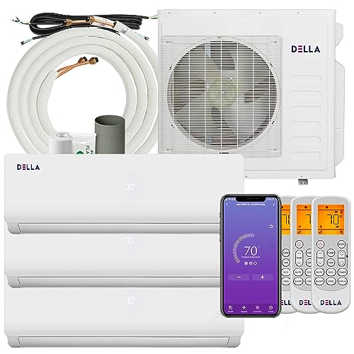 Della 36K BTU (12K 12K 12K BTU) ODU Tri 3 Zone 19 SEER2 208-230V Cools Up to 1650 Sq.Ft Wifi Energy Efficient Multi Zone Ductless Mini Split Air Conditioner Pre-Charged Heat Pump Full Set