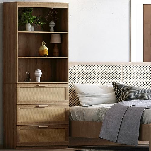 Flulep 71 Inches Tall Storage Cabinet, Rattan Bookcase with 3 Drawers and 3-Tier Open Shelves, Wooden Bookshelf Storage Organizer for Living Room, Study, Kitchen, Home Office