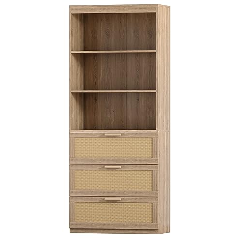 Flulep 71 Inches Tall Storage Cabinet, Rattan Bookcase with 3 Drawers and 3-Tier Open Shelves, Wooden Bookshelf Storage Organizer for Living Room, Study, Kitchen, Home Office