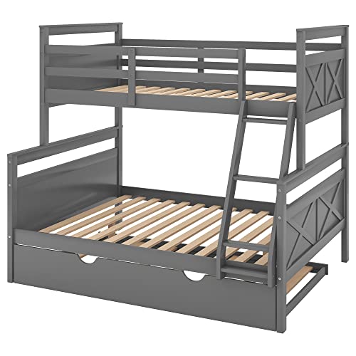 DEYOBED Twin Over Full Wooden Bunk Bed with Trundle Converted into 2 Beds for Kids Teens