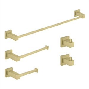 kibi cube bathroom hardware set 5 piece bathroom accessories set | towel bar, towel ring, toilet paper holders, robe hooks (brushed gold) (c-kba15-5)