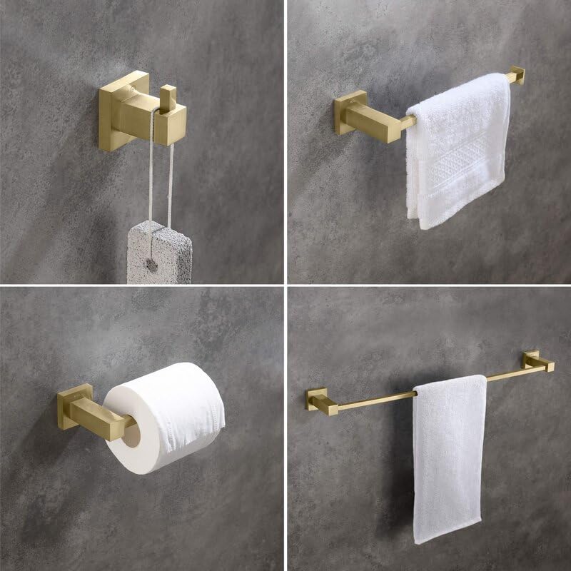 KIBI Cube Bathroom Hardware Set 5 Piece Bathroom Accessories Set | Towel Bar, Towel Ring, Toilet Paper Holders, Robe Hooks (Brushed Gold) (C-KBA15-5)