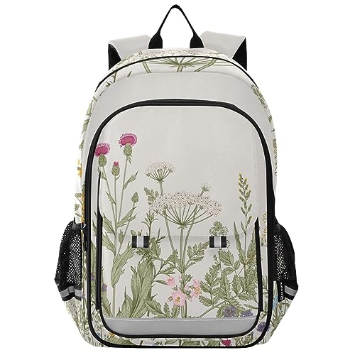 Joisal Vintage Colorful Herbs And Wild Flowers Backpack Girls Middle School Durable Kids Travel Backpack