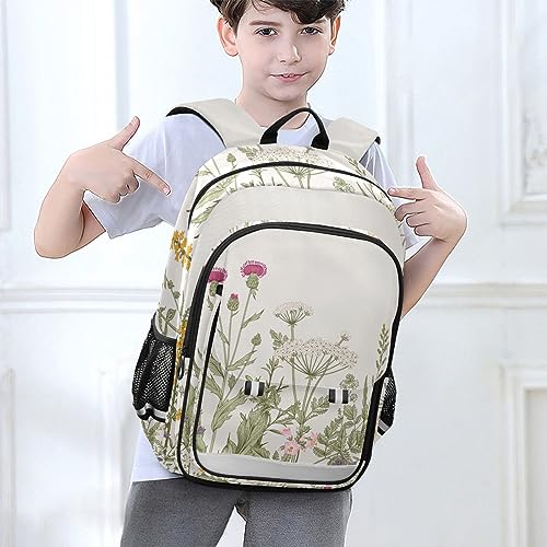 Joisal Vintage Colorful Herbs And Wild Flowers Backpack Girls Middle School Durable Kids Travel Backpack