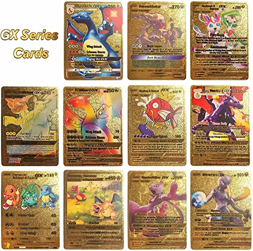 Ultra Rare 55 PCS Gold Cards Packs Vmax DX GX Rare Golden Cards TCG Booster Box Gold Foil Card for Kids Birthday Party Favors Gifts (No Duplicates) (Gold)