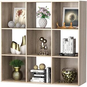 JupiterForce 9 Cubes Bookcases Storage Organizer, 3-Tier Wooden Open Bookshelf Cabinets with Removable Back Panels for Home, Bedroom, Living Room(Natural)