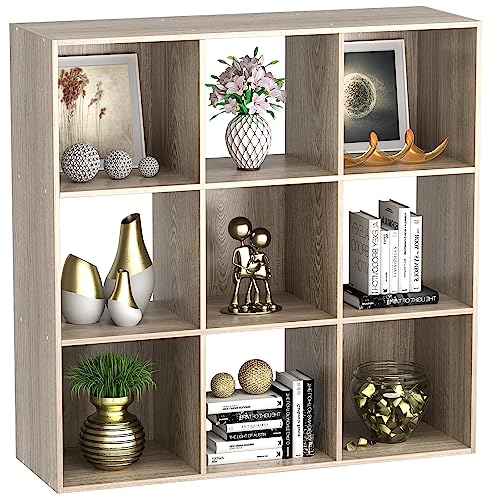 JupiterForce 9 Cubes Bookcases Storage Organizer, 3-Tier Wooden Open Bookshelf Cabinets with Removable Back Panels for Home, Bedroom, Living Room(Natural)