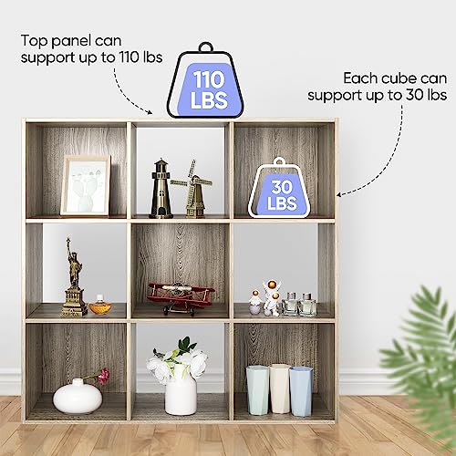 JupiterForce 9 Cubes Bookcases Storage Organizer, 3-Tier Wooden Open Bookshelf Cabinets with Removable Back Panels for Home, Bedroom, Living Room(Natural)