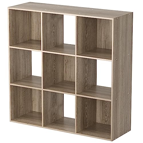 JupiterForce 9 Cubes Bookcases Storage Organizer, 3-Tier Wooden Open Bookshelf Cabinets with Removable Back Panels for Home, Bedroom, Living Room(Natural)