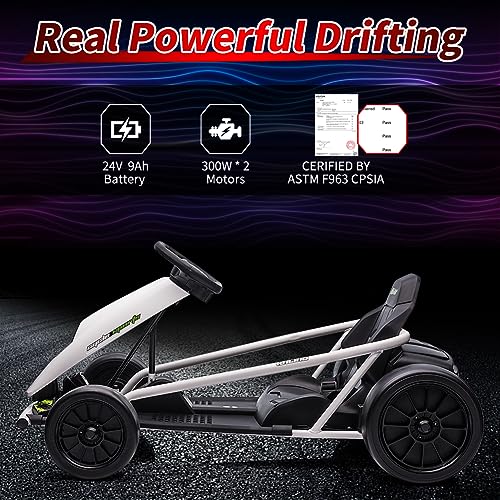 24V Go Kart for Kids 8-12 Years, 300W*2 Extra Powerful Motors, 9Ah Large Battery 8MPH High Speed Drifting with Music, Horn,Max Load 175lbs Outdoor Ride On Toy for Teens, White