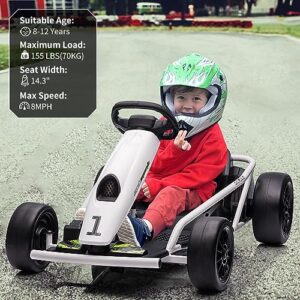 24V Go Kart for Kids 8-12 Years, 300W*2 Extra Powerful Motors, 9Ah Large Battery 8MPH High Speed Drifting with Music, Horn,Max Load 175lbs Outdoor Ride On Toy for Teens, White