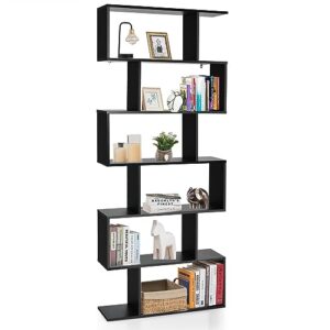silkydry 6 tiered geometric bookcase, unique s-shaped bookshelf, tall standing room divider bookcases, versatile decorative display shelf for bedroom living room home office (1, black)