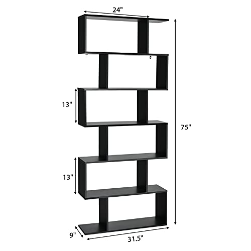 SILKYDRY 6 Tiered Geometric Bookcase, Unique S-Shaped Bookshelf, Tall Standing Room Divider Bookcases, Versatile Decorative Display Shelf for Bedroom Living Room Home Office (1, Black)