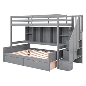 DEYOBED Twin Over Full Wooden Bunk Bed with Storage Shelves Drawers and Staircase for Kids Teens Adults