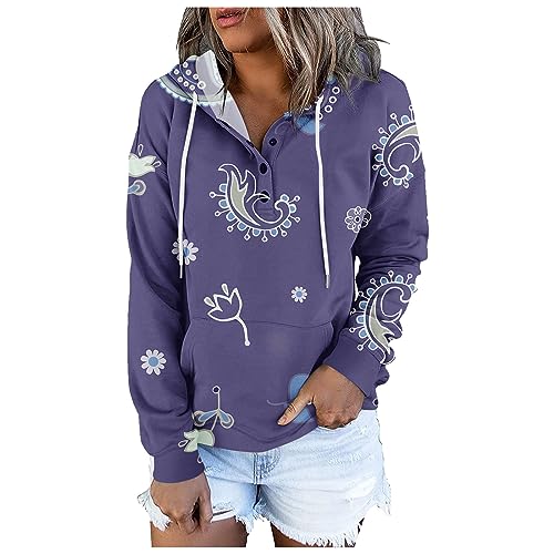 Sweatshirt For Women 2023, Printed Drawstring Long Sleeve Top 2023 Button Pullover Sweatshirt Oversized Zip Up Hoodie Sweaters Chamarra De Mezclilla Para Mujer Fall Fringe Vest (XXL, Purple)