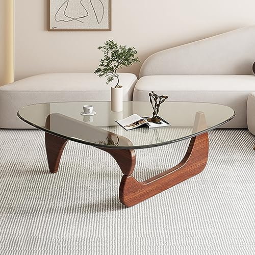 Mid Century Modern Coffee Table - Triangle Glass Coffee Table - Solid Wood Base Abstract Center Table - Vintage Glass End Table Living Room Balcony Study Walnut/Transparent Small 32.2 * 22.4 * 16in