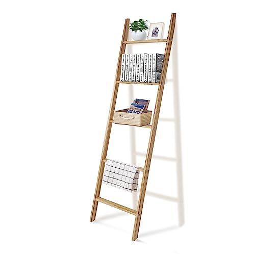 ECOMEX Blanket Ladder, 5-Tier Ladder Shelf, 5.4 Ft Wooden Blanket Ladder Farmhouse, Towel Ladder Wall Leaning Ladder for Blanket Towel Quilt, Decorative Ladder for Living Room & Bedroom, Natural Wood