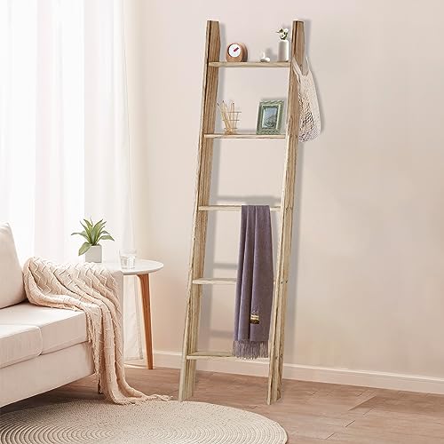 ECOMEX Blanket Ladder, 5-Tier Ladder Shelf, 5.4 Ft Wooden Blanket Ladder Farmhouse, Towel Ladder Wall Leaning Ladder for Blanket Towel Quilt, Decorative Ladder for Living Room & Bedroom, Natural Wood