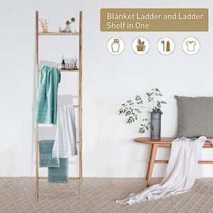 ECOMEX Blanket Ladder, 5-Tier Ladder Shelf, 5.4 Ft Wooden Blanket Ladder Farmhouse, Towel Ladder Wall Leaning Ladder for Blanket Towel Quilt, Decorative Ladder for Living Room & Bedroom, Natural Wood