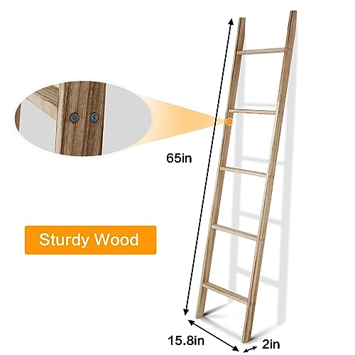 ECOMEX Blanket Ladder, 5-Tier Ladder Shelf, 5.4 Ft Wooden Blanket Ladder Farmhouse, Towel Ladder Wall Leaning Ladder for Blanket Towel Quilt, Decorative Ladder for Living Room & Bedroom, Natural Wood