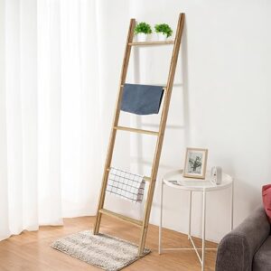 ECOMEX Blanket Ladder, 5-Tier Ladder Shelf, 5.4 Ft Wooden Blanket Ladder Farmhouse, Towel Ladder Wall Leaning Ladder for Blanket Towel Quilt, Decorative Ladder for Living Room & Bedroom, Natural Wood